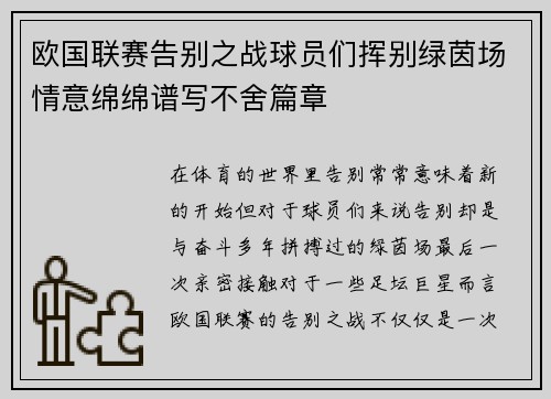 欧国联赛告别之战球员们挥别绿茵场情意绵绵谱写不舍篇章