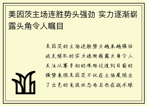 美因茨主场连胜势头强劲 实力逐渐崭露头角令人瞩目